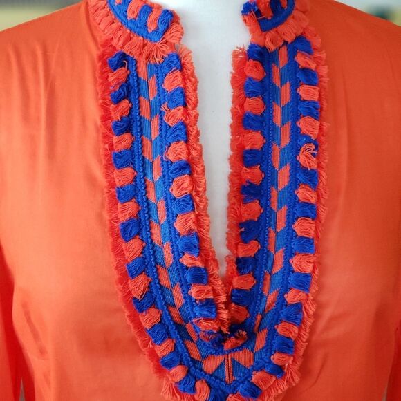 Tory Burch Samba Fringe Trim Tunic/Top Orange Blue Size 6 - Picture 6 of 8
